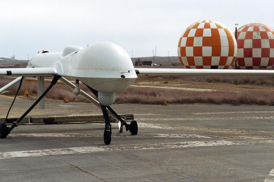Unmanned aerial vehicle parked on a runway