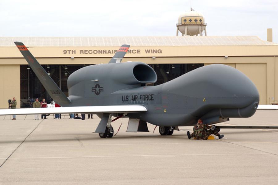 Unmanned aerial vehicle parked on a runway