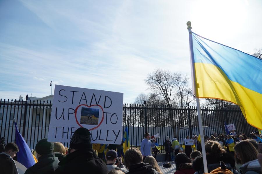 People protest with signs outside a metal fence, holding blue and yellow flags