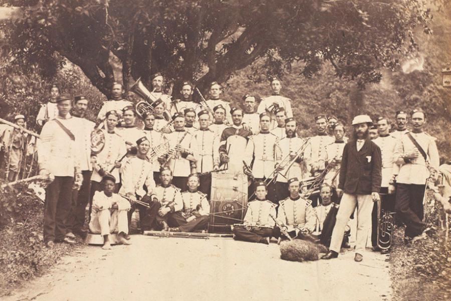 Historical black and white photo of a military band