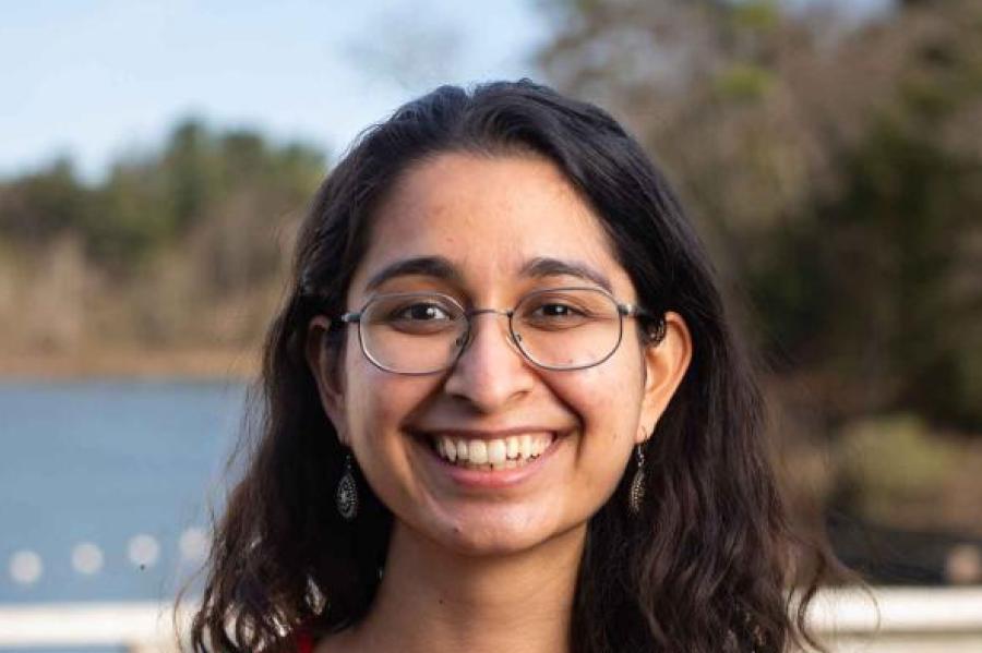 woman in red sweater outside
