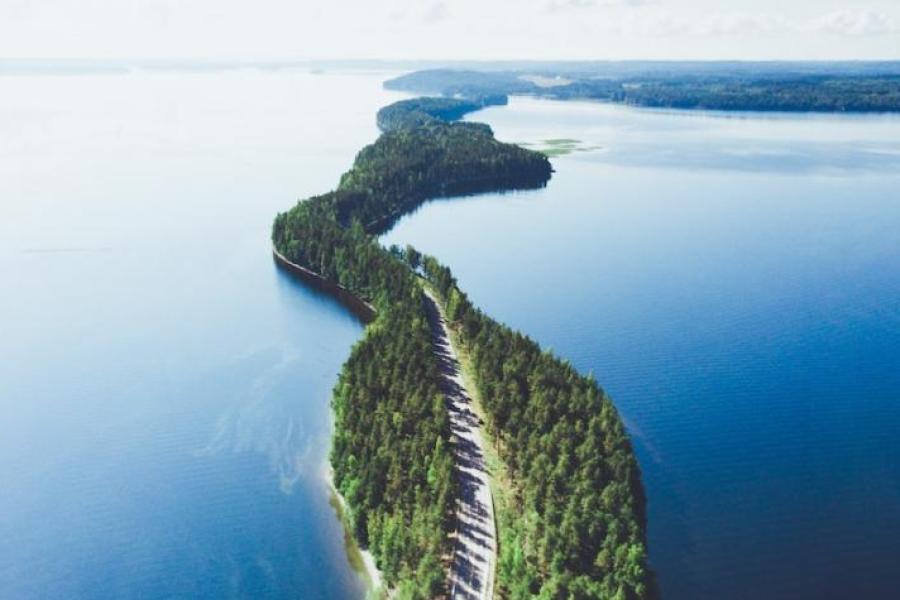 A road running through a string of islands, seen from above