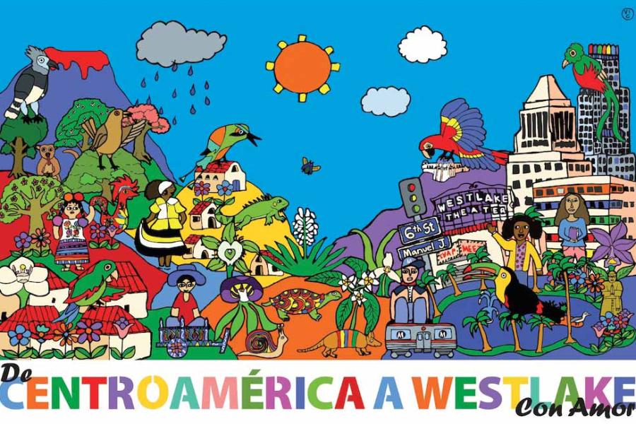 Colorful painting of cartoonish hills, animals, buildings and people