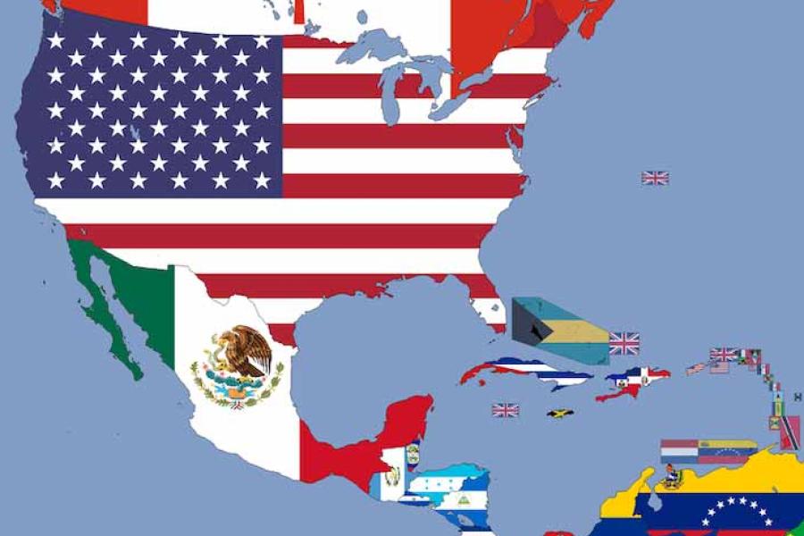 Map of North and Central America, made of flag colors