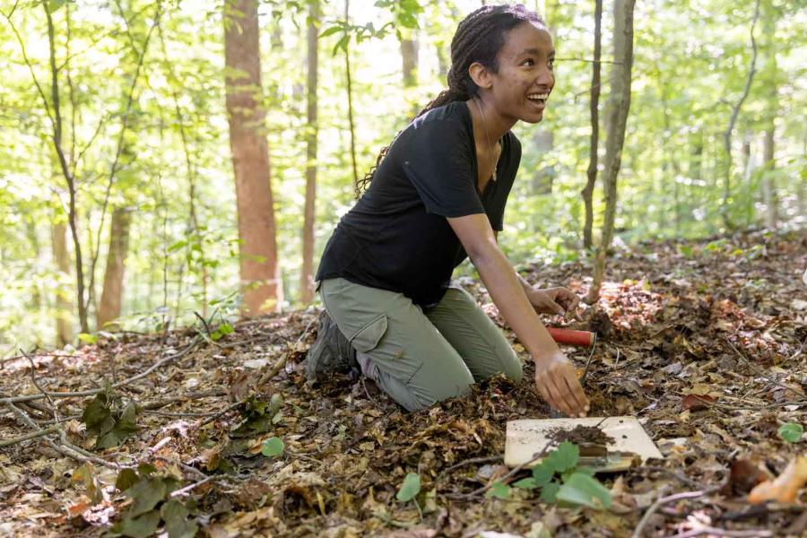 student digging in the woods