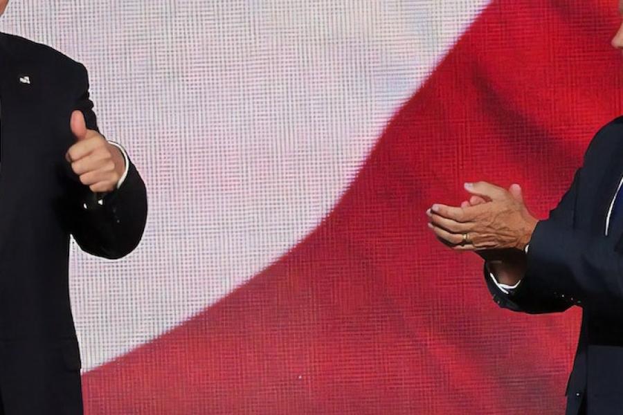 American flag background with two people appearing at the sides