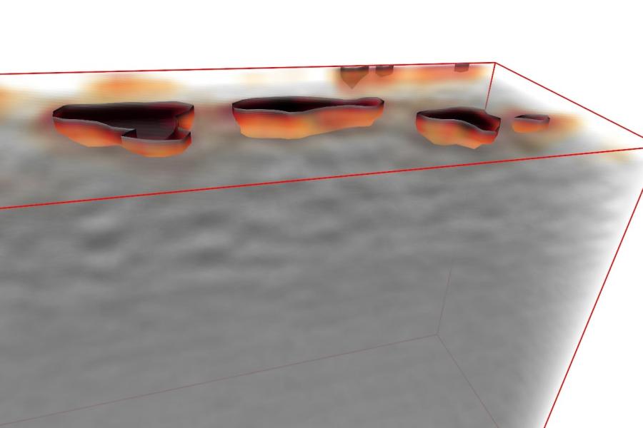 3-D shapes, black on top and orange red beneath, in a square of textured gray