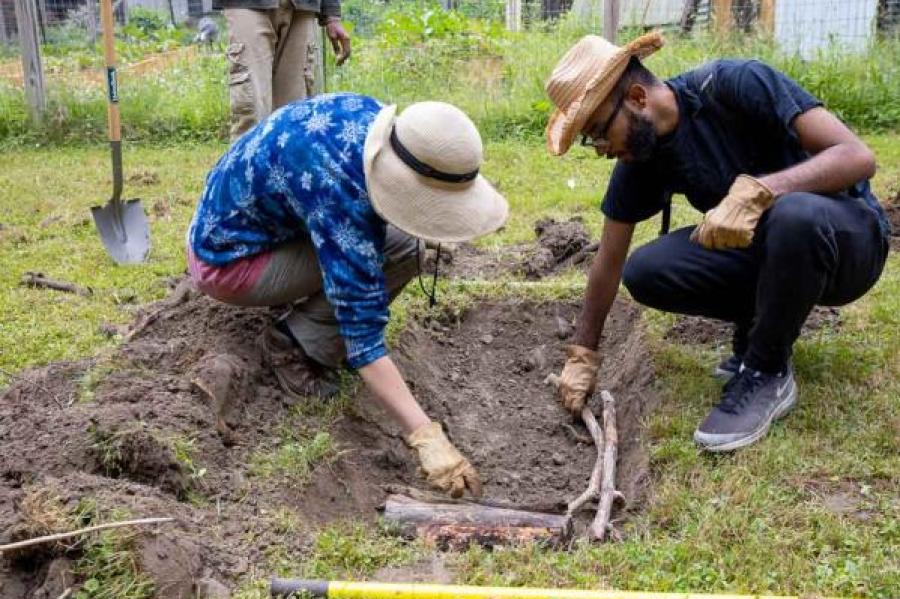two people putting sticks into a trench