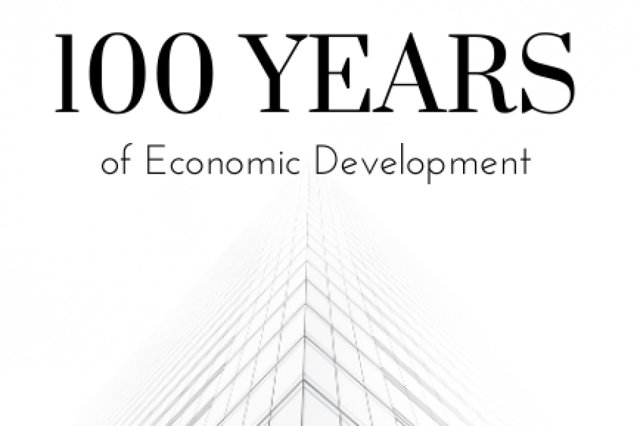 Modern building rising into fog