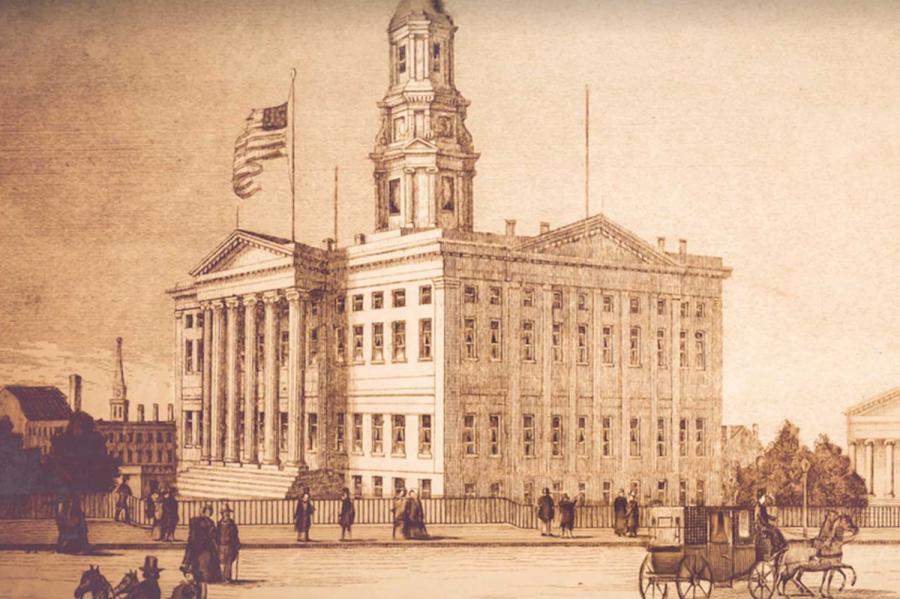 Etching showing a stately building and horse and carriage traffic around it