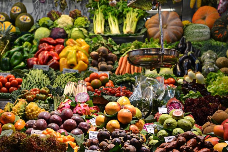 Fruits and vegetables arranged at a market