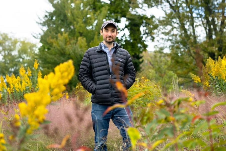 Person standing in a field, surrounded by green, yellow and red plants