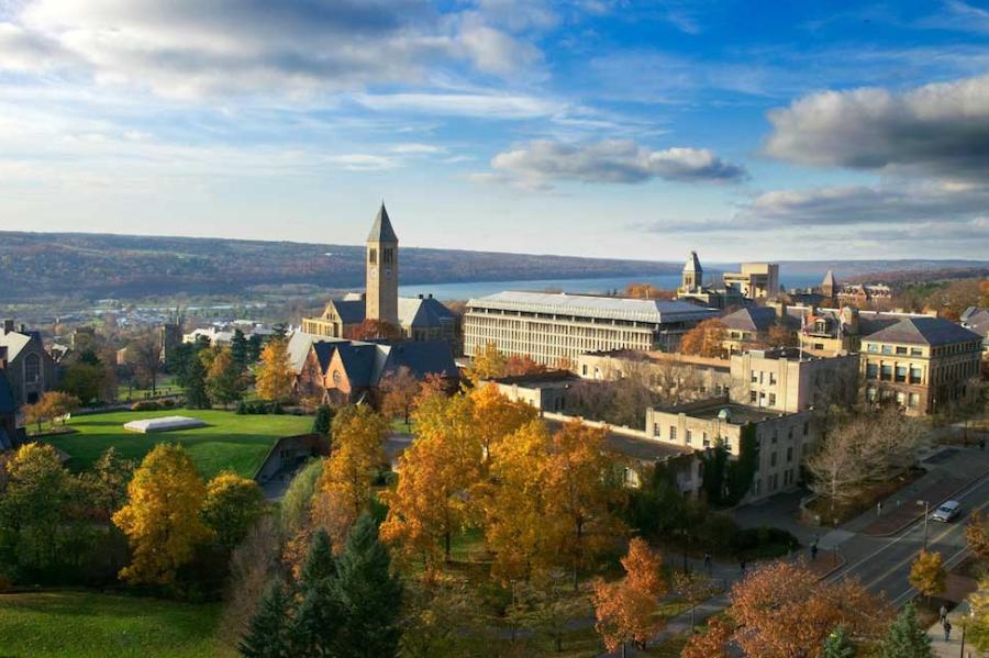Looking down on a campus with buildings, green lawn, and a lake in the distance