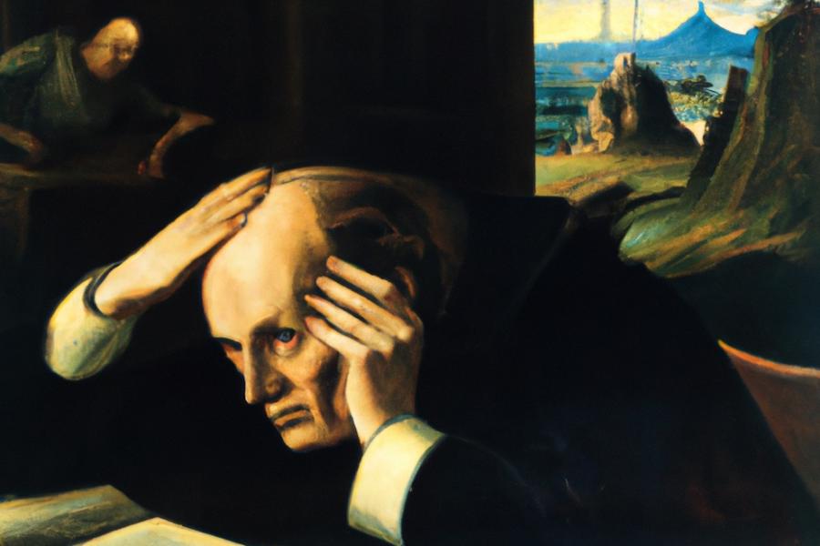 A painting (generated by AI) depicts a person looking stressed while a bubble over his head reflects the colors of a scene outside his window