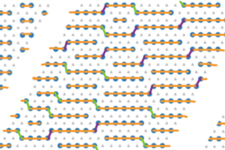 abstract pattern featuring green dots in neat rows, intersected by orange lines