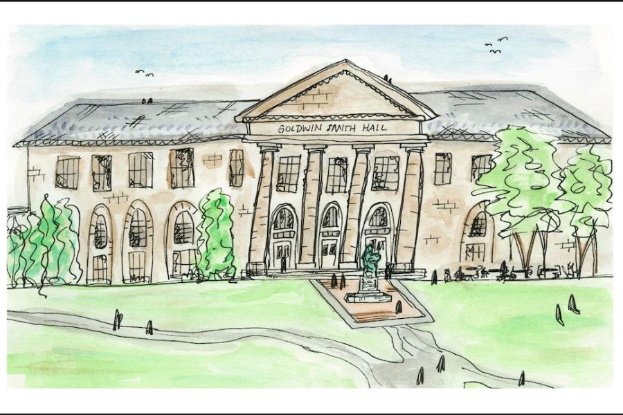 Colorful drawing of a stone academic building with pillars