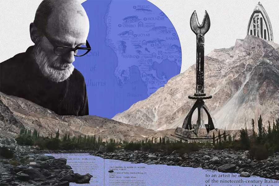 Composit image of a man wearing glasses, a purple moon, a mountain, and a metal monument