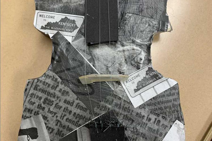 Collage of black and white text fragments shaped like a fiddle