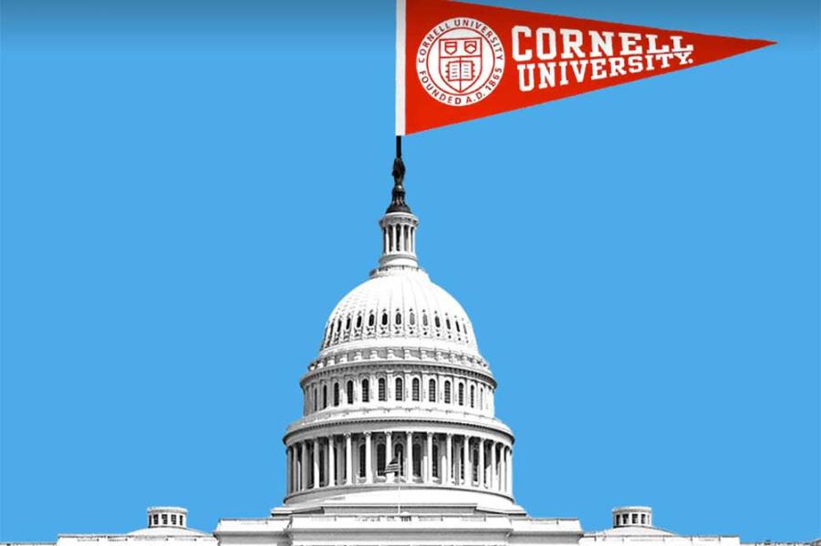 Illustration of the US Capitol Building against a bright blu background, a red Cornell University flag perched on top