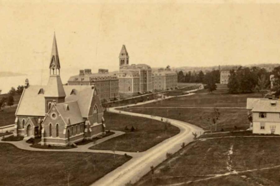 an old photo of a group of buildings
