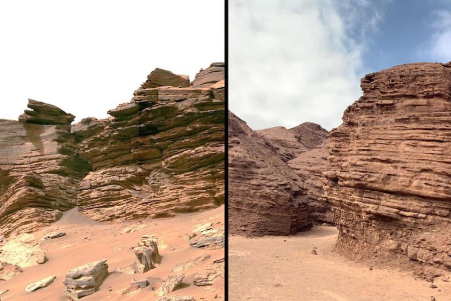 Split image showing a rocky landscape on both left (Mars) and right (Atacama Desert in Chile)