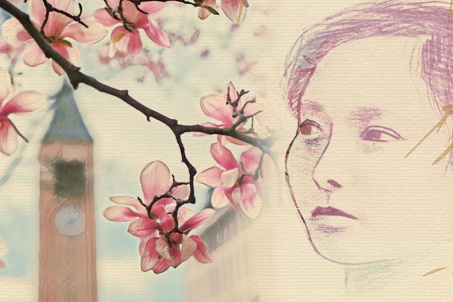 Drawing collage showing a face, a branch with pink blossoms and a clock tower