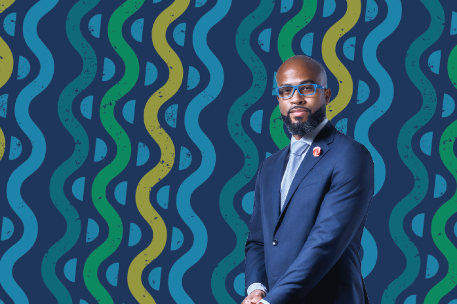 man standing in front of design