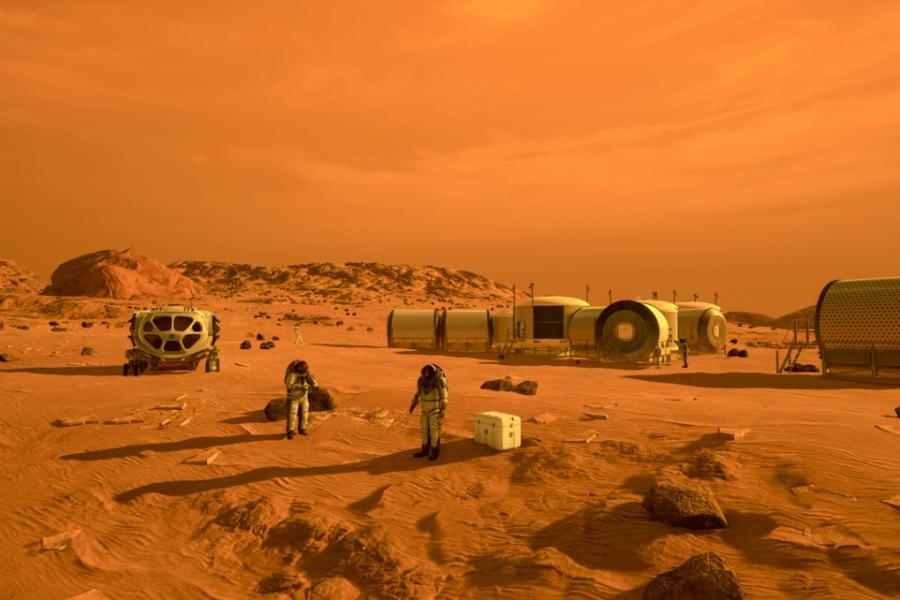 Illustration: red sky and land, people in space suits, modular buildings