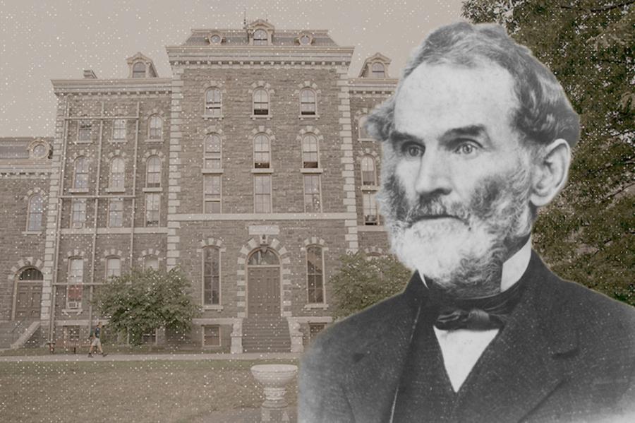 Illustration combining the front of an academic building with a historic photo of a man