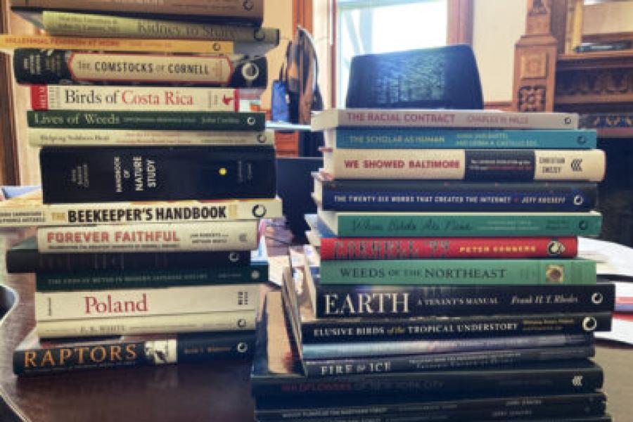 Two stacks of books, one higher than the other