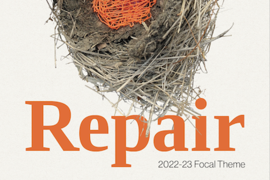 Artful illustration featuring a bird's next filled with orange paint