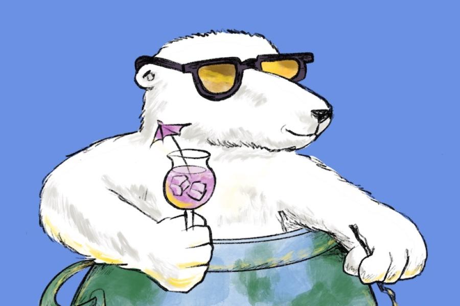 Illustration of a polar bear in a kettle, sipping a pink cocktail and roasting a weenie over a fire