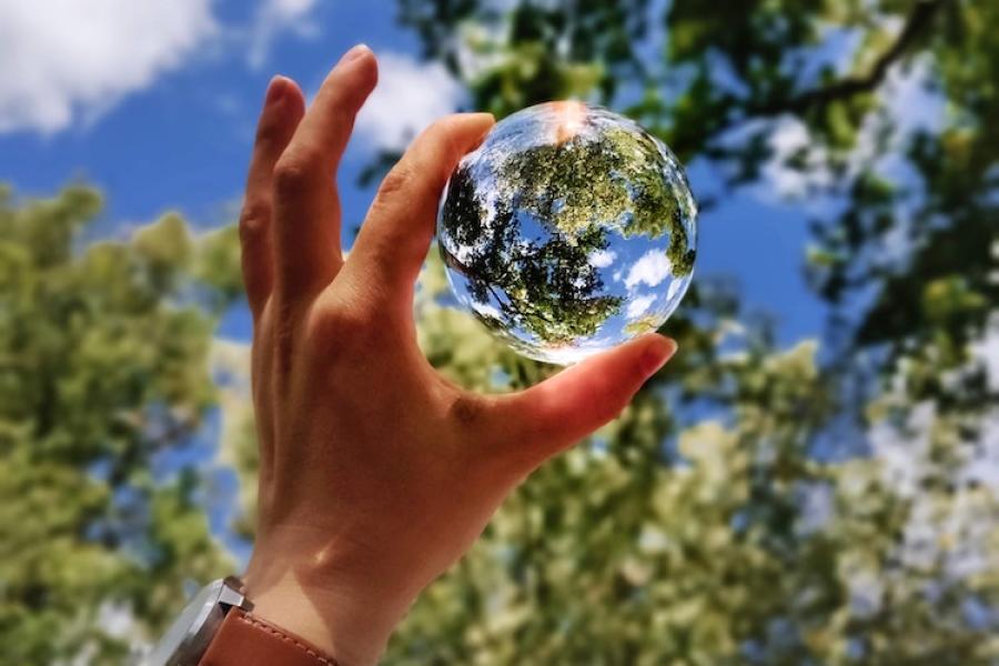 A hand holds up a clear glass ball, which reflects foliage, sky and sunlight