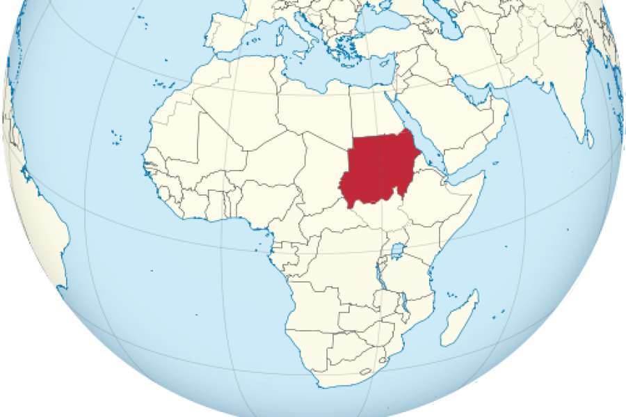 A globe with countries outlined but not labeled and only Sudan collored in.
