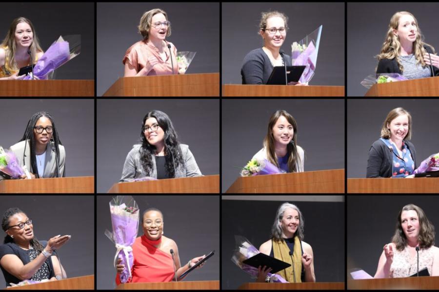 A grid of images of several people accepting awards at a podium