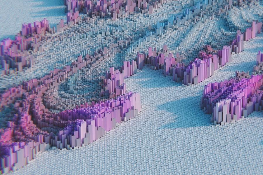 Digital image of purple building-like shapes emerging from a blue floor