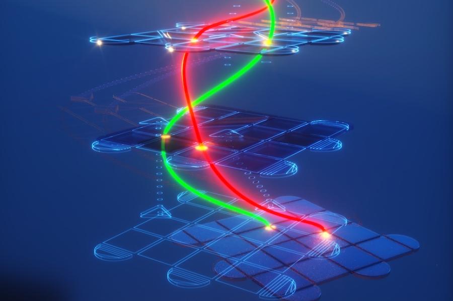 Illustration: stack of blue grids shot through with green and red glowing lines