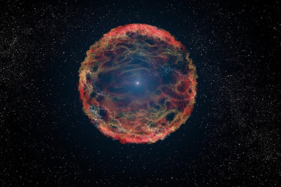 A fiery circle of orange, green and blue against a dark background of space