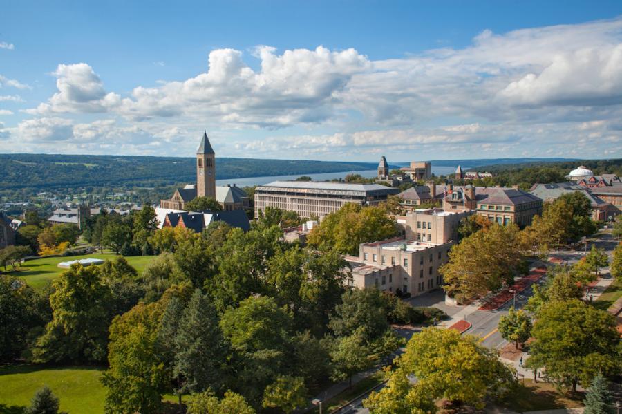 Cornell's central campus: stone buildings set among green trees with a blue sky above