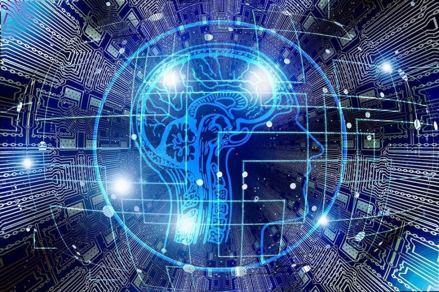 graphic showing a human head in a circle surrounded by computer-style wiring