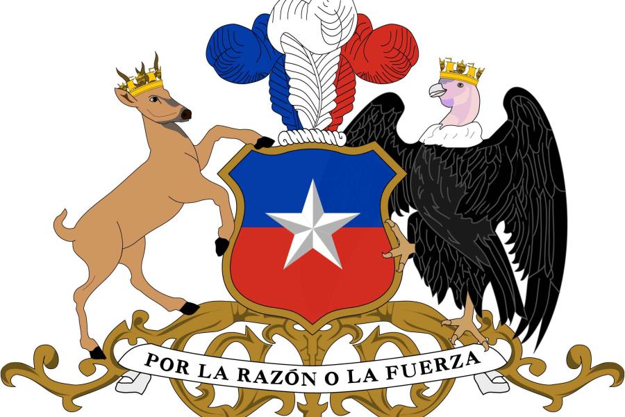A stag with a crown rearing next to a shield with a star on it and feather plumes at the top; on the other side is a condor, also with a crown, and the text across the bottom "Por la razon o la fuerza"