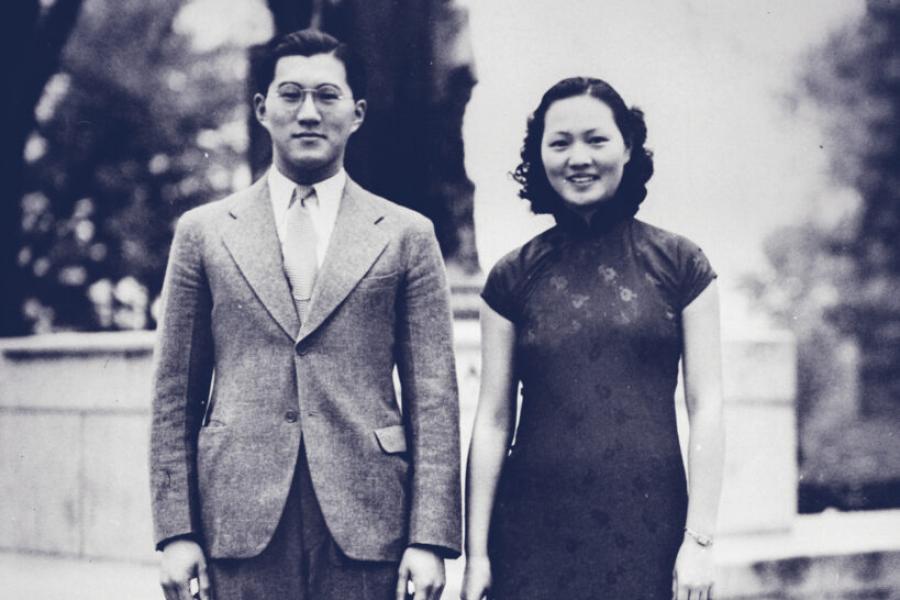 Two people, dressed well in a 1940 historical photo