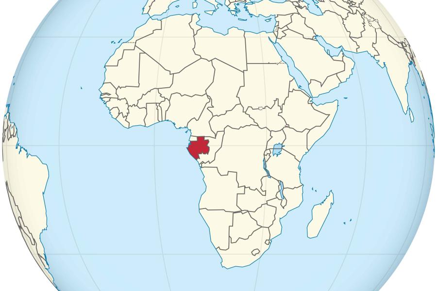A globe map with Africa visible and the countries outlines, with Gabon on the west central coast in red