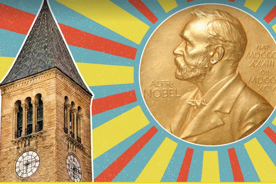 Illustration of a clock tower on the left and a gold medal featuring a man's head and shoulders on the right