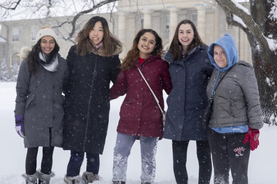 Five women standing in the snow
