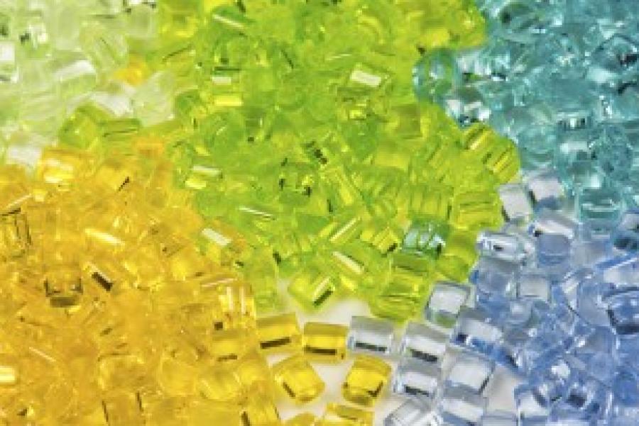 tiny beads in yellow, green and blue