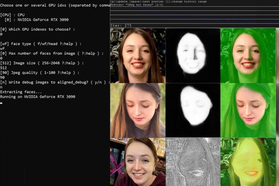 Image of a computer screen showing code on the left and twelve squares containing faces in the center and right