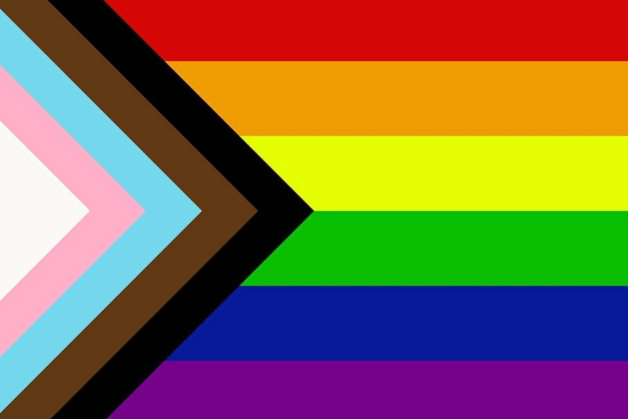 LGBTQ flag, multicolored arrow shape pointing right at multicolored rows