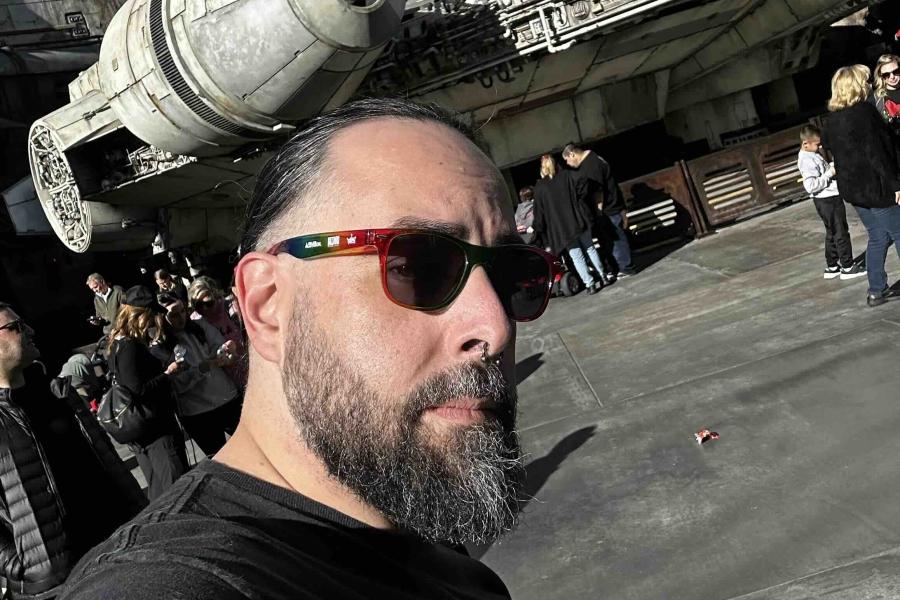 person in front of movie spacecraft