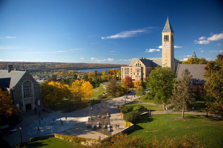 College campus with stately buildings and green lawns under a blue sky, with a lake in the background